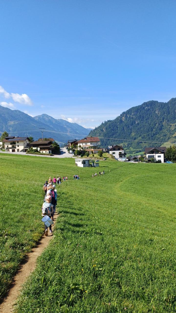 Waldspaziergang schöne Landschaft und Steig in einer Wiese mit Kindern
